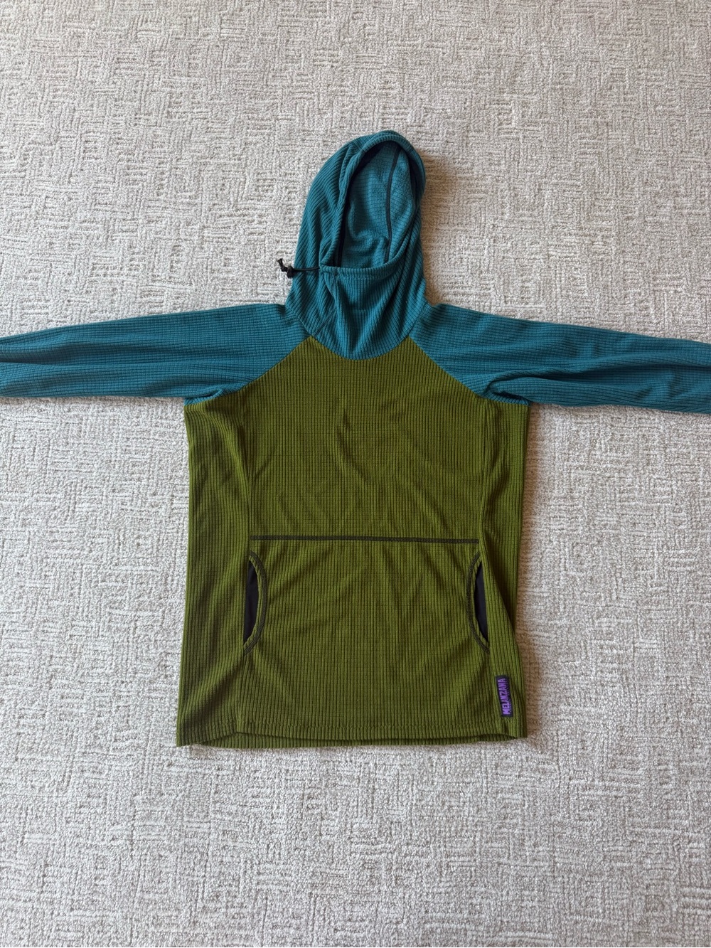 Melanzana Two-Tone Olive Green Body Teal Hooded Pullover Sweater